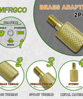 Close-up of brass adapter showcasing male 8-32 and female 5/16-27 threads for Six Pack Brass Gun Cleaning Rod Fitting Adapters Set.