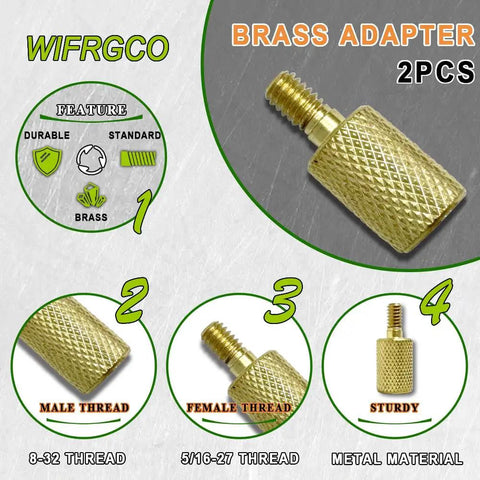 Close-up of brass adapter showcasing male 8-32 and female 5/16-27 threads for Six Pack Brass Gun Cleaning Rod Fitting Adapters Set.