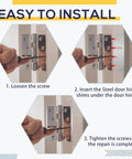 MorningRo stainless steel door hinge shims kit (4-inch, silver) shown in a three-panel installation guide.