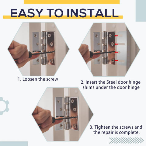 MorningRo stainless steel door hinge shims kit (4-inch, silver) shown in a three-panel installation guide.