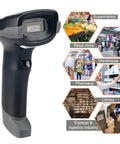 Wireless Barcode Scanner With Bluetooth 2 4G 3 In 1 1D 2D QR Code Reader for Inventory Retail Library Use, shown with workplace icons.
