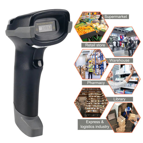 Wireless Barcode Scanner With Bluetooth 2 4G 3 In 1 1D 2D QR Code Reader for Inventory Retail Library Use, shown with workplace icons.