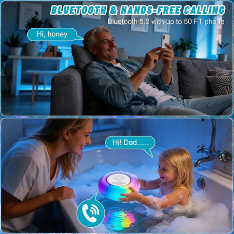 Child using 2 Pack Floating Pool Lights With Bluetooth Speaker 2 In 1 RGB Pool Lights IP68 Waterproof 360 Degree Hi Fi Sound For Pool Hot Tub And Outdoor Parties Great For Poolside Parties in a bath.