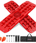 Heavy Duty Off Road Traction Boards With Jack Lift Base For Trucks SUVs Jeeps Tire Recovery Mats For Mud Snow Sand Dunes Includes Carry Bag And Mounting Kit 2 Piece Set, red traction boards with bag and accessories