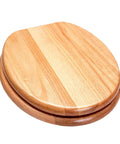 Solid Oak Toilet Seat With Round Front, Chrome Hinges, Heavy Duty Metal Hinges, Finger-Jointed Construction, High Gloss Polyurethane Finish.