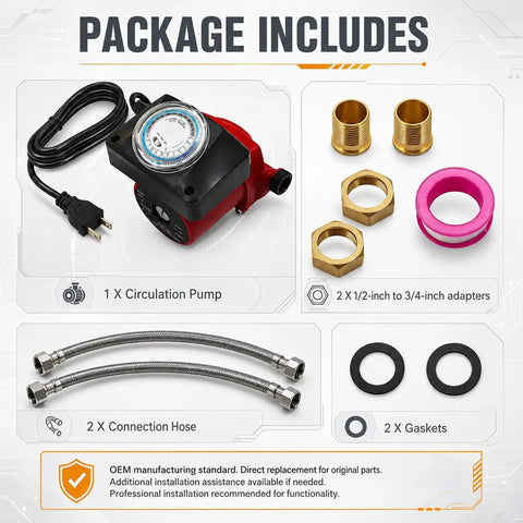Say Bye To Cold Showers With This Plug And Play Water Circulator Swap Featuring No Sweat Install 115 Volt 1/25 Horsepower Hot Water Recirculating Pump Kit Includes Digital Timer And Six Foot Cord Compatible With Modern Plumbing - package includes pump, hoses, adapters, and gaskets.