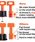 Comparison of Tile Leveling System Kit with 100 Tile Levelers, showing our sloped thread design versus others with flat thread edges.