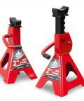 Two red 2-ton Jack Boss low-profile jack stands with black saddles, shown in front and side views.