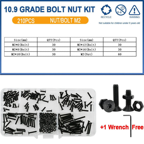 Hex Socket Screws Nuts Kit Flat Head Set In Black Carbon Steel, M2 Through M6, DIN7991 Threads, Grade 10.9, Countersunk Socket Cap Bolts And Nuts, 4mm To 30mm Lengths, Ultra Strong Hardware For DIY Projects, M2 set with organizer