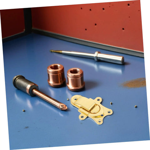 Stunning 2Pcs Vintage Duckbilled Hasp Latch Set, Heavy Duty Zinc Alloy Golden Toggle Lock on a blue workbench with tools.