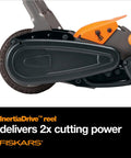 Close-up of Eco Friendly Push Lawn Mower With 18 Inch Cut, Manual Reel Design, Inertia Drive Power mechanism, black color.