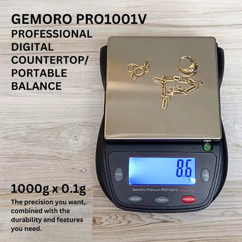 Pro Grade Jewelry Scale 1000G X 0.1G Readout, Portable Countertop Digital Scale With Crystal Clear LCD showcasing jewelry on scale