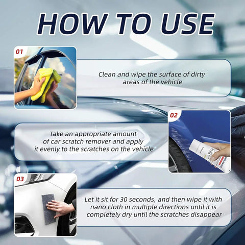 Instructions for using Scratch Remover For Cars Quick Fix Kit With Nano Sparkle Cloth 60g, Restores Car Paint, Eliminates Scratches And Swirl Marks, Restores Shine And Adds Protective Layer For A Glossy Ride