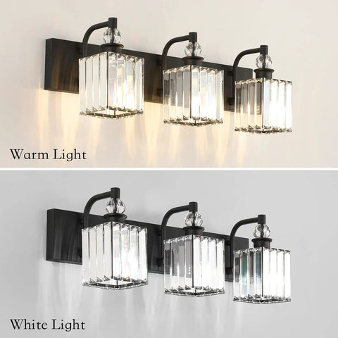 Crystal Black Vanity Light For Bathroom, 3 Light 24 Inch Modern Matte Black Over Mirror Fixture with warm and white light settings