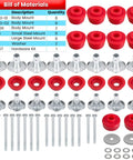 Ford F250 F350 Super Duty Body Mount Bushing Kit For 2008 To 2016 2WD 4WD Polyurethane Cab Mounts With Steel Sleeves And Hardware In Red Tough Finish, red body mounts and steel hardware laid out