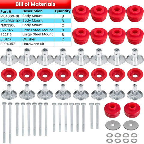 Ford F250 F350 Super Duty Body Mount Bushing Kit For 2008 To 2016 2WD 4WD Polyurethane Cab Mounts With Steel Sleeves And Hardware In Red Tough Finish, red body mounts and steel hardware laid out