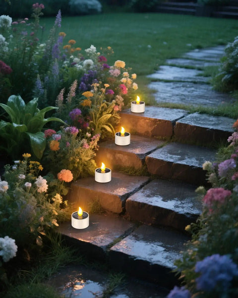 Solar Powered Tea Lights Six Pack Flameless LED Candles illuminating garden steps at dusk, surrounded by flowers.