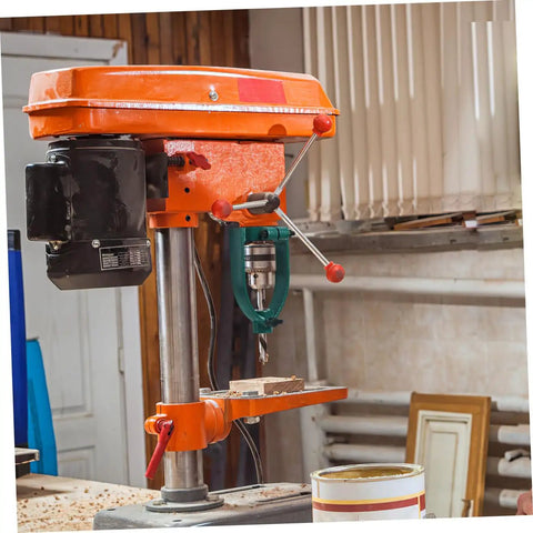 40mm Drill Sleeve Bench Drill Attachment Converter for woodworking mortiser, displayed on orange drill press in workshop.
