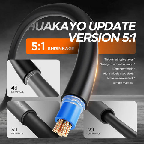 Five To One Pro Grade Heat Shrink Tubing Kit With Adhesive Lined Dual Wall illustrating 5:1 shrinkage and features