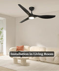 52 Inch Black Ceiling Fan With Lights Remote Control Whisper Quiet DC Motor installed in living room