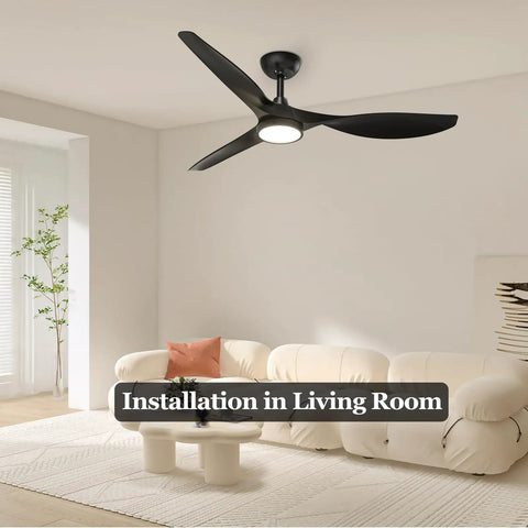 52 Inch Black Ceiling Fan With Lights Remote Control Whisper Quiet DC Motor installed in living room