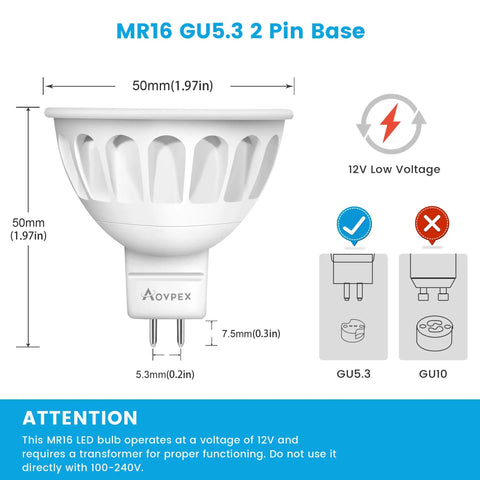 Dimmable MR16 LED Bulbs 12V 5W 50W Equivalent 3000K Warm White GU5 Pin 40 Degree Beam with measurements and specifications