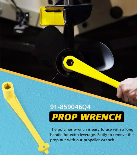 Pro Grade 1-1/16 Inch Boat Prop Wrench And Prop Stop Block Kit displayed with yellow wrench in use on boat propeller