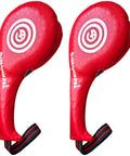 Red kick pads with hand straps for sparring, durable leather, Kick Pads For Sparring And Training Durable Leather Upgrade Beefed Up