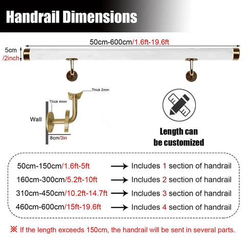 Custom Length Transparent Acrylic Railing Kit Straight Up Non Slip Handrail System dimensions for various lengths