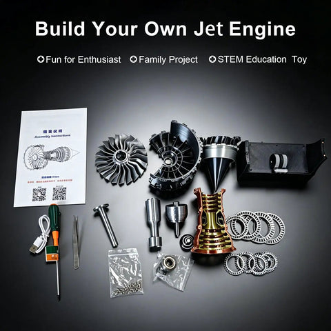 Realistic Turbojet Engine Model With Adjustable Speed And LED Lights Educational Aerospace Toy parts displayed for assembly