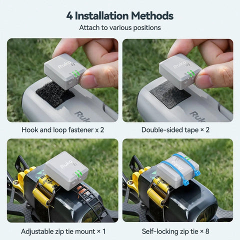 Solid Remote ID Module For Drones Featuring Built In GPS Tracker And Kickass Beeper For Fast Field Recovery No Sweat Setup Sweet Accessory For Pilots Craving Reliable Location Tracking installation methods, shown on various drone surfaces.