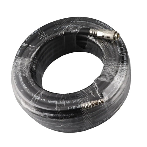Heavy Duty 15M Pneumatic Air Hose Kit With Durable Flexible Rubber And Arrow Storage Case Has All Fittings For Blowing Up Car Tires Best For Garage Shops Where High Pressure Safety Counts For Reliability Each Time You Repair Vehicles Daily. coiled black hose with metal fittings