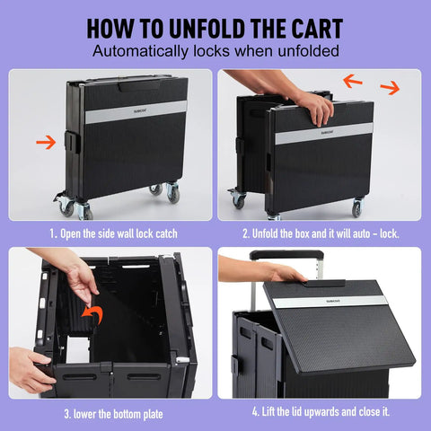 Instructions for unfolding Foldable Rolling Utility Cart With Lid On Wheels Collapsible Handcart Trolley, durable black with brakes.