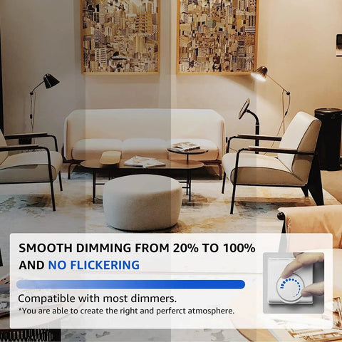 Living room lighting with GU10 LED Spotlight Bulbs, 5.5W Dimmable, 50W Equivalent, showing dimming effect on modern decor.