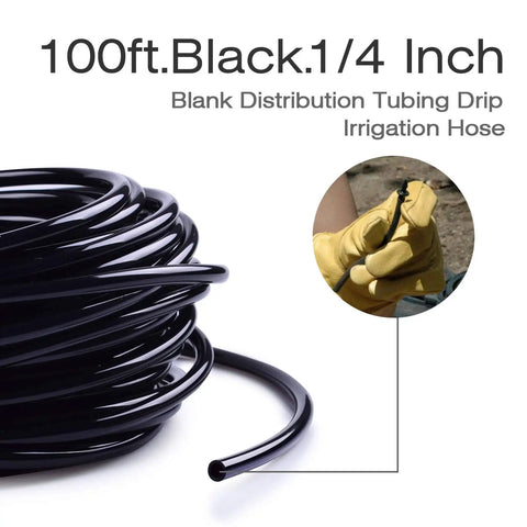 100 Ft One Quarter Inch Blank Distribution Tubing For Drip Irrigation, flexible black hose for garden use, coiled view