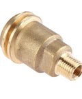 Solid Brass Propane Quick Connect Hose Fitting Adapter With One Quarter Inch Male Pipe Thread Converts QCC1 Type 1 Nut To POL Female Heavy Duty Gas Hose Adapter For Grills And Heaters No-Wrench Installation, close-up view
