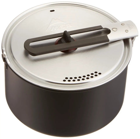 Alpinist 2 Camping Cook Set Featuring 2.4L hard anodized aluminum pot with strainer lid showcasing nesting design