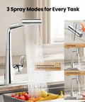 JOMOO Waterfall Pull Down Kitchen Faucets with Pull-Down Sprayer, Chrome displaying 3 spray modes in action, kitchen setting.