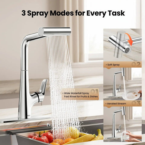 JOMOO Waterfall Pull Down Kitchen Faucets with Pull-Down Sprayer, Chrome displaying 3 spray modes in action, kitchen setting.