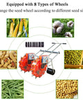 Portable Manual Seeder With 16 Seed Plates For Double Row Sowing Spreader, Hand Push Garden Seeder Roller Seeding And Fertilizer Applicator displayed with wheels and seed options.
