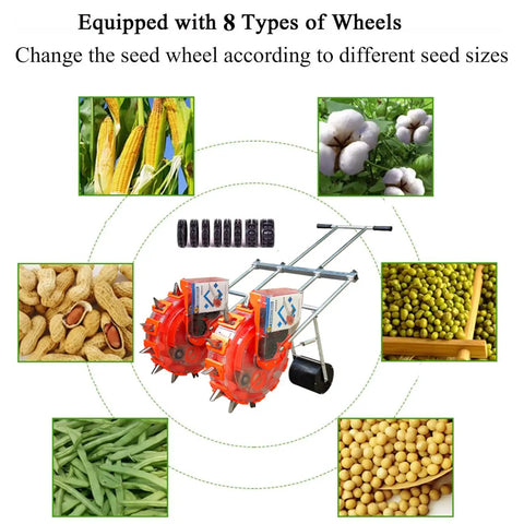 Portable Manual Seeder With Double Row Seed Spreader Hand Push Garden Seeder showcased with various seed types.