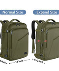 Expandable Air Travel Backpack With Trolley Sleeve showing normal and expanded size views in dark green, 45L capacity.