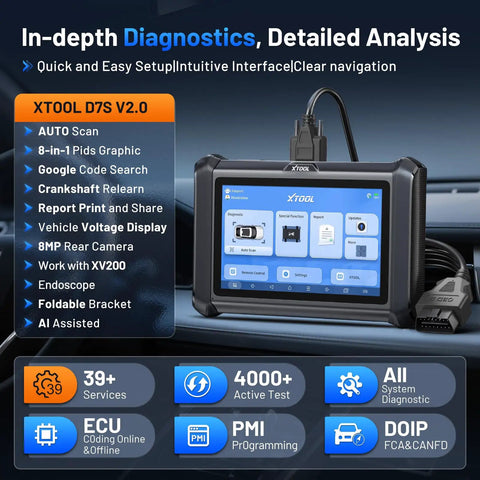 Do It All D7S OBD2 Scanner With Bidirectional Diagnostics And AI Assist, ECU Coding, 39 Plus System Resets, EPB, Crankshaft Relearn, DoIP And CAN FD, 3 Year Updates, 2026 Upgrade For Gearheads And Pros displayed in car interior.