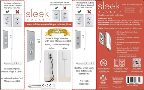 Packaging of Ultra Thin Outlet Concealer Kit for Inverted Outlets, showing outlet concealer and cord management details.