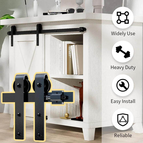 Three Foot Mini Barn Door Hardware Kit For Sliding Single Door In J Shape For Cabinets Wardrobe TV Stand Carbon Steel With Frosted Finish Waterproof And Rustproof Durable Track System Fits Door Thickness From Three Quarters Inch To One Inch Easy To installed on white cabinet