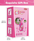 Slick Toddler Golf Club Set For Girls Ages Two To Four With Rad Breathable Outfit And Adjustable Hat Plus Lightweight Portable Cart For Fun Backyard Play in gift box with dimensions.