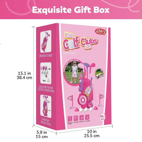 Slick Toddler Golf Club Set For Girls Ages Two To Four With Rad Breathable Outfit And Adjustable Hat Plus Lightweight Portable Cart For Fun Backyard Play in gift box with dimensions.