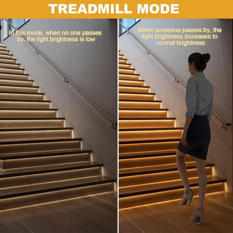 Image of stairs with 32 Channel Motion Sensor LED Stair Controller For Automatic Staircase Lighting and woman walking in treadmill mode.