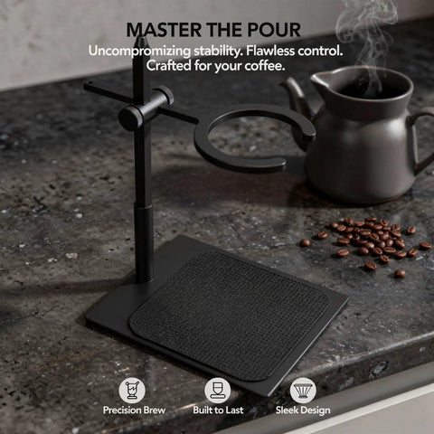 Hassle Free Pour Over Coffee Stand Featuring Adjustable Height Alloy Base With Non Slip Pad and Universal Round Ring for Hands Free Brewing and Smooth Morning Java Ritual On Almost Any Kitchen Counter, close-up on stable design.