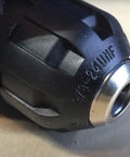 Close-up of 3/8 inch chuck from Right Angle Drill Attachment With 3 Eighth Inch Chuck And 6 Sided Hex Shank, 90 Degree Drilling Adapter.